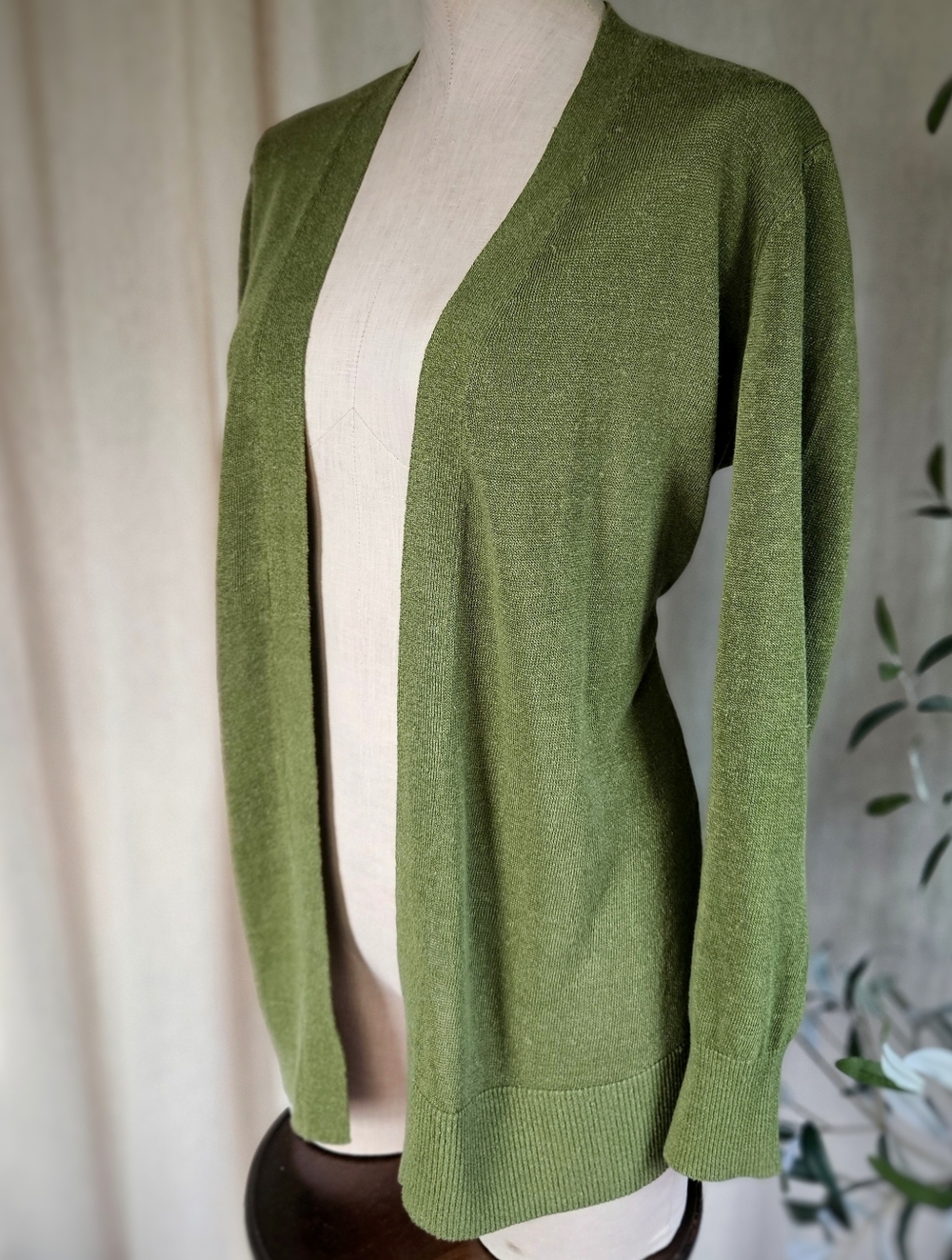 Ann Taylor Linen Olive-Moss Green Open Front Cardigan Sweater